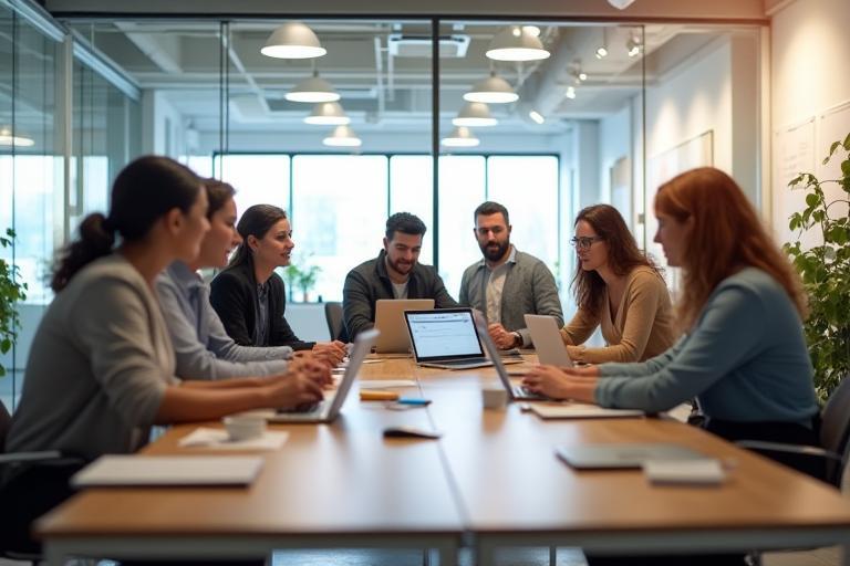 Modernes Bürointerieur mit Team von Funknetz Connect GmbH bei der Zusammenarbeit.