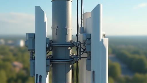 Nahaufnahme einer 5G-Antenne auf einem Telekommunikationsmast.