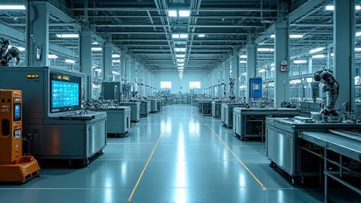 Intelligente Fabrikumgebung mit IoT-Sensoren und miteinander verbundenen Geräten.