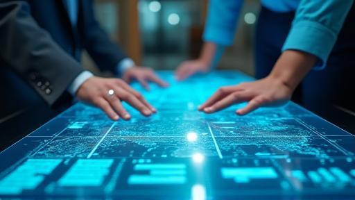 Ingenieure planen Netzwerk-Topologie auf einer digitalen Oberfläche.