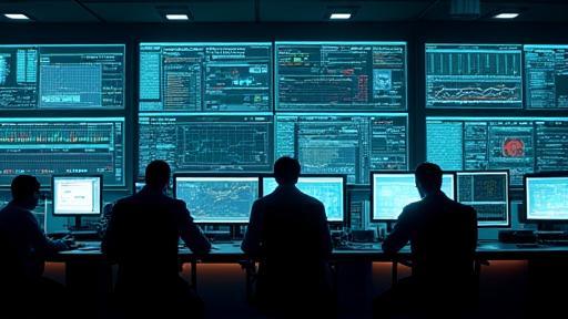 Netzwerk-Operations-Center mit Monitoren, die den Netzwerkstatus anzeigen.