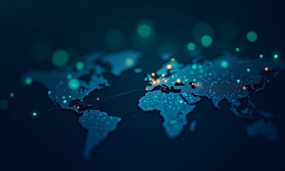 Infografik, die vernetzte Netzwerke und Datenflüsse darstellt, Symbol für Effizienz und Skalierbarkeit.